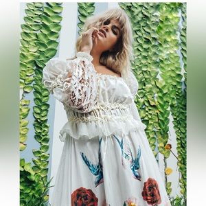 Rare Fillyboo the Roses Lately Bird painted Cutwork Maternity Maxi gown Dress XS